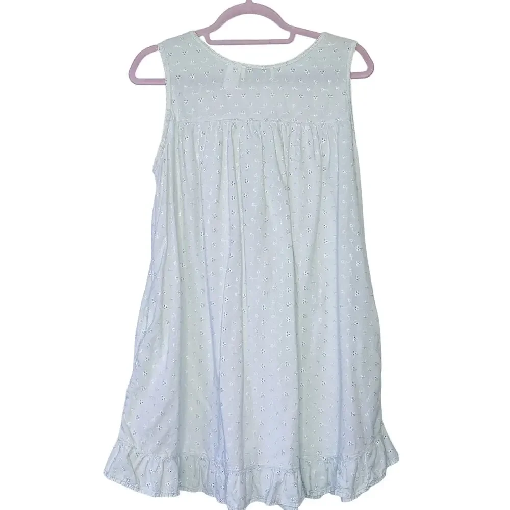 Vtg Soft Surroundings Baby Blue Eyelet Floral Embroidered Cotton Nightgown Small